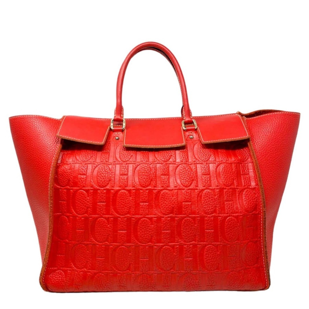 Carolina Herrera Red Leather Tote Bag with Top Handles